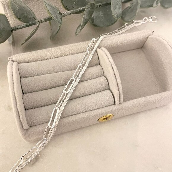 925 Sterling Silver Thin Multi Layer Bracelet Sequin Paperclip Link Bracelet - Picture 4 of 5